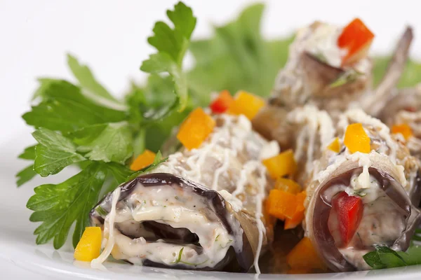 Baked Eggplant rolls stuffed Tomato — Stock Photo, Image