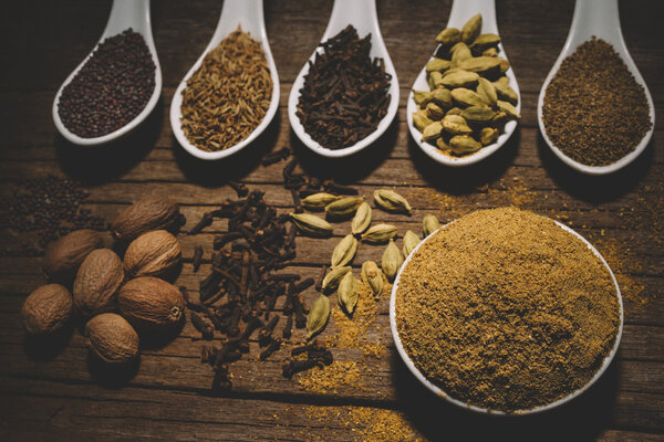 Spices on wooden spoons