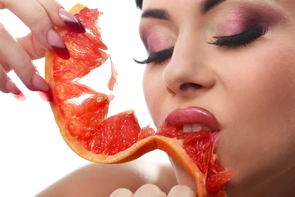 Female with pummelo slice — Stock Photo, Image