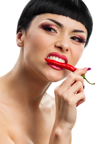 Lady holding red chilli peppers — Stock Photo, Image