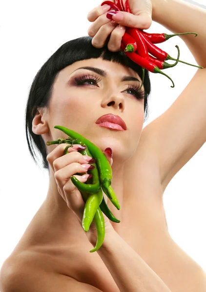 Rhot chilli peppers holding hölgy — Stock Fotó