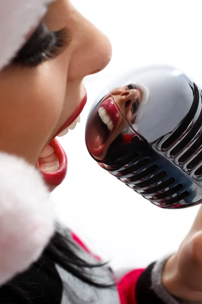 Christmas Singer with microphone — Stock Photo, Image