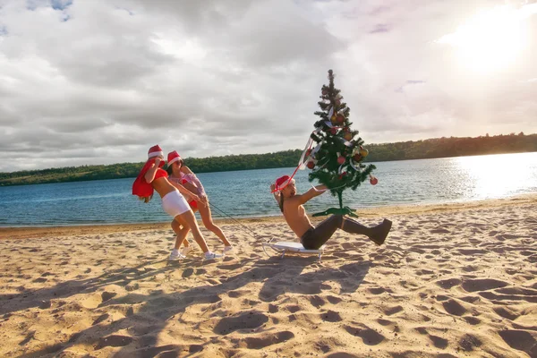 Sexy Santas ciągnąc Santa Beach — Zdjęcie stockowe