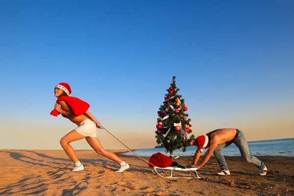 Santa puxando árvore de natal — Fotografia de Stock