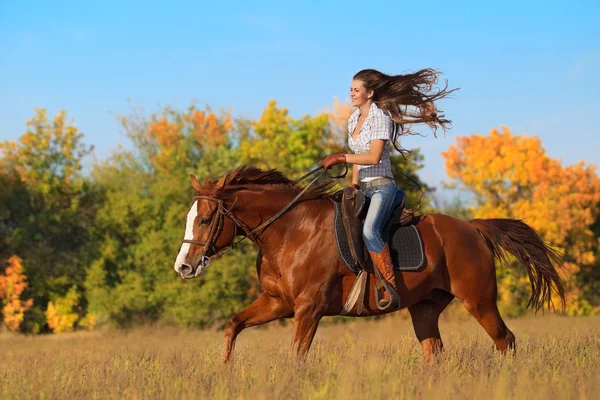 Ragazza a cavallo sul campo di autunno Foto Stock Royalty Free