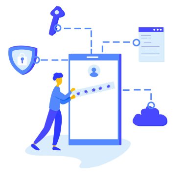 İnternet güvenliğinin düz tasarımı, veri koruma kavramı. Akıllı telefonuna şifre koyan bir adam. Modern düz çizgi film stili vektör çizimi