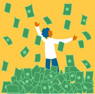 Dans eden ve gökten para düşen bir adam, bu illüstrasyon insanın finansal istikrarını ve iyi talihini gösterir. 