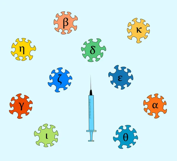 Yunan Alfabesiyle Adlandırılan Farklı Coronavirus Varyantlarına Karşı Aşı — Stok Vektör