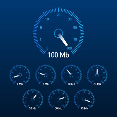 Hız testini ayarla. Hız göstergesi internet hızı. Web sitesi hız yükleme süresi. Vektör illüstrasyonu.