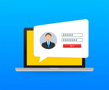 Laptop ekranında giriş sayfası. Not defteri ve çevrimiçi giriş formu, sayfa olarak imzalayın. Kullanıcı profili, hesap kavramlarına erişim. Vektör illüstrasyonu.