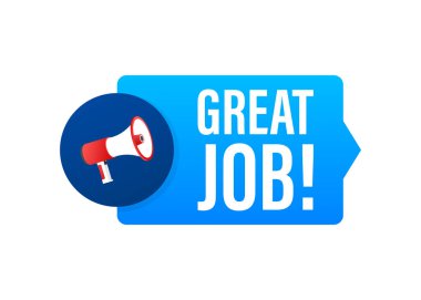 Harika bir işi olan el ele tutuşan megafon. Megafon bayrağı. Web tasarımı. Vektör stok illüstrasyonu