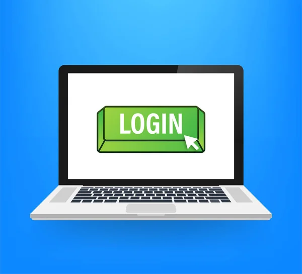 Laptop botão de login no fundo azul. Design de modelo de site. Clique no botão. Ilustração do estoque vetorial. — Vetor de Stock