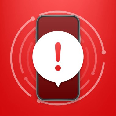 Hareketli mesaj bildirimini uyarın. Tehlike hatası uyarıları, akıllı telefon virüsü sorunu ya da güvensiz mesajlaşma sorunları bildirimleri. Vektör illüstrasyonu.
