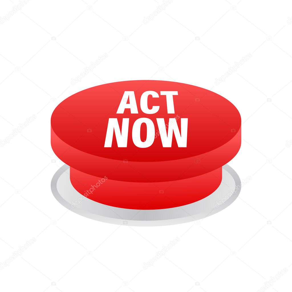 Red round act now button on white background. Vector stock illustration.