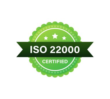 ISO 22000 sertifikalı rozet, ikon. Sertifika damgası. Düz tasarım vektörü.