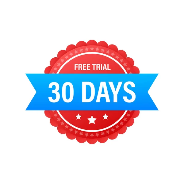 30 días etiqueta de prueba gratuita, placa, etiqueta engomada. Promociones de software para descargas gratuitas. Se puede utilizar para su aplicación. Ilustración vectorial. — Vector de stock