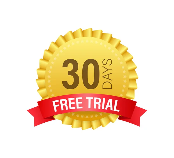 30 días etiqueta de prueba gratuita, placa, etiqueta engomada. Promociones de software para descargas gratuitas. Se puede utilizar para su aplicación. Ilustración vectorial. — Vector de stock