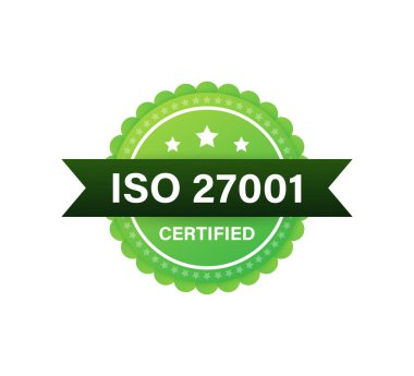 ISO 27001 sertifikalı rozet, ikon. Sertifika damgası. Düz dizayn. Vektör illüstrasyonu.