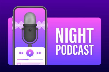 Gece Podcast 'i smatrphone ekranında, vektör sembolü düz izometrik şekilde izole edilmiş arkaplanda. Vektör stok illüstrasyonu