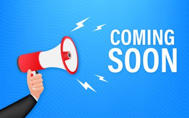 Megafon etiketi yakında geliyor. Megafon bayrağı. Web tasarımı. Vektör stok illüstrasyonu.