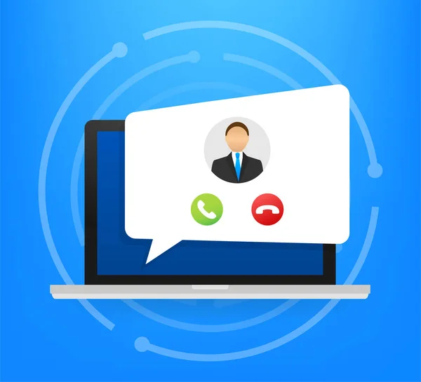 Incoming video call on laptop. Laptop with incoming call, man profile picture and accept decline buttons. Vector stock illustration. — Stock Vector