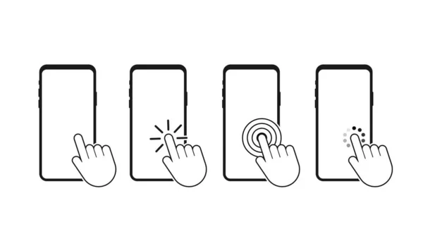 Fare clic su smartphone. Schermo vuoto, mockup del telefono. Mockup del dispositivo. Vettore icona cursore. Illustrazione del vettore puntatore a mano. — Vettoriale Stock