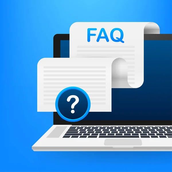 Domande frequenti FAQ banner. Computer con le icone delle domande. Illustrazione vettoriale. — Vettoriale Stock