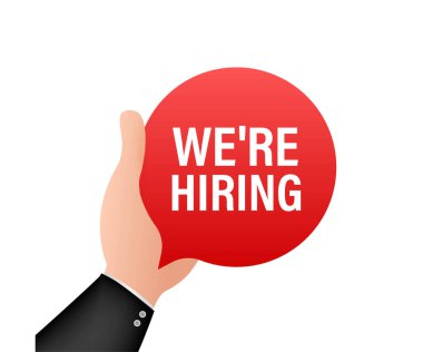 Eleman arıyoruz. Mavi arka planda beyaz metin. Vektör illüstrasyonu.