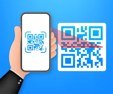 QR kodunu cep telefonuna tara. Elektronik, dijital teknoloji, barkod. Vektör stok illüstrasyonu