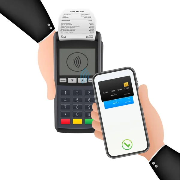 Contactloze Betaalmethoden Mobiele Smartphone Draadloze Pos Terminal Realistische Stijl Voorraadillustratie — Stockvector