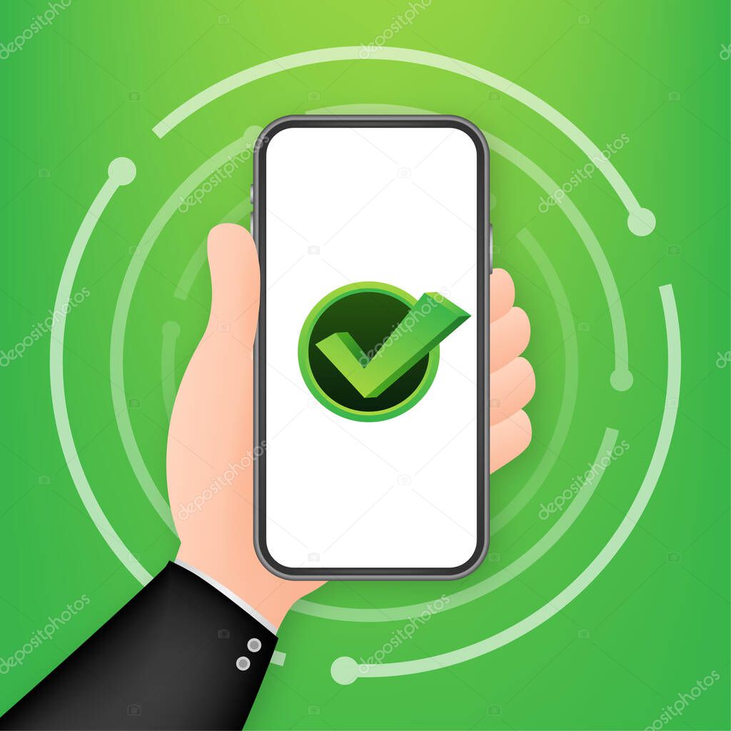 Smartphone with checkmark or tick notification in bubble. Approved choice. Accept or approve checkmark. Vector stock illustration