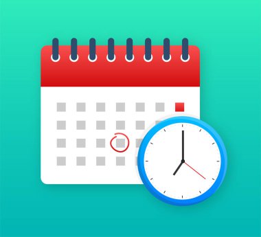 Takvim ve saat simgesi. Duvar takvimi. Önemli, program, randevu. Vektör stok illüstrasyonu