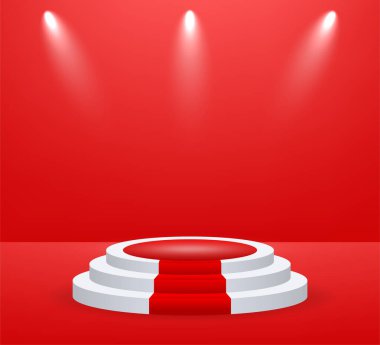 Ödül töreni için sahne. Kırmızı halılı podyum. Yaya taşı. Spot ışığı. Vektör illüstrasyonu