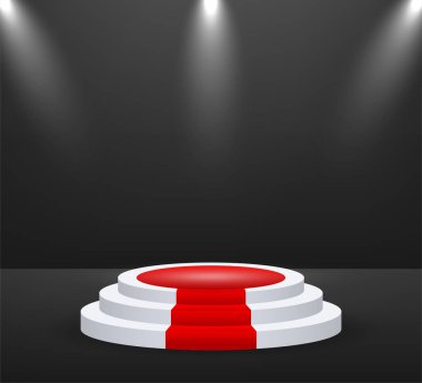 Ödül töreni için sahne. Kırmızı halılı podyum. Yaya taşı. Spot ışığı. Vektör illüstrasyonu