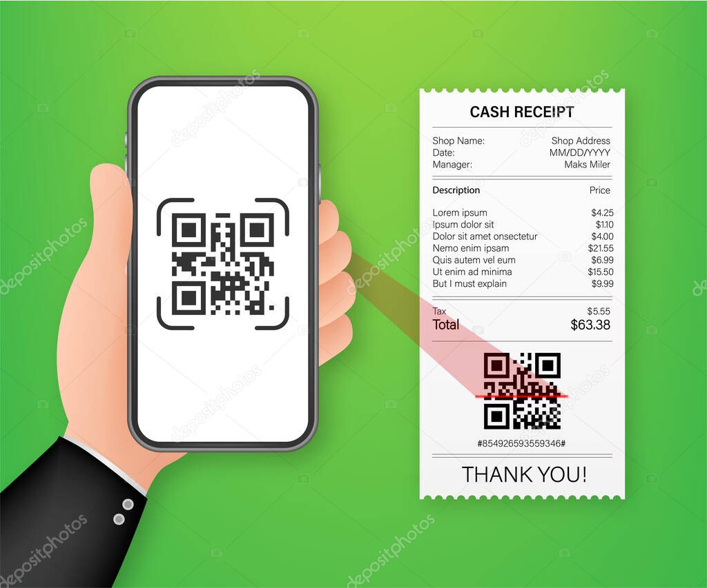 Hand holding smartphone to scan qr code on paper for detail. Vector stock illustration