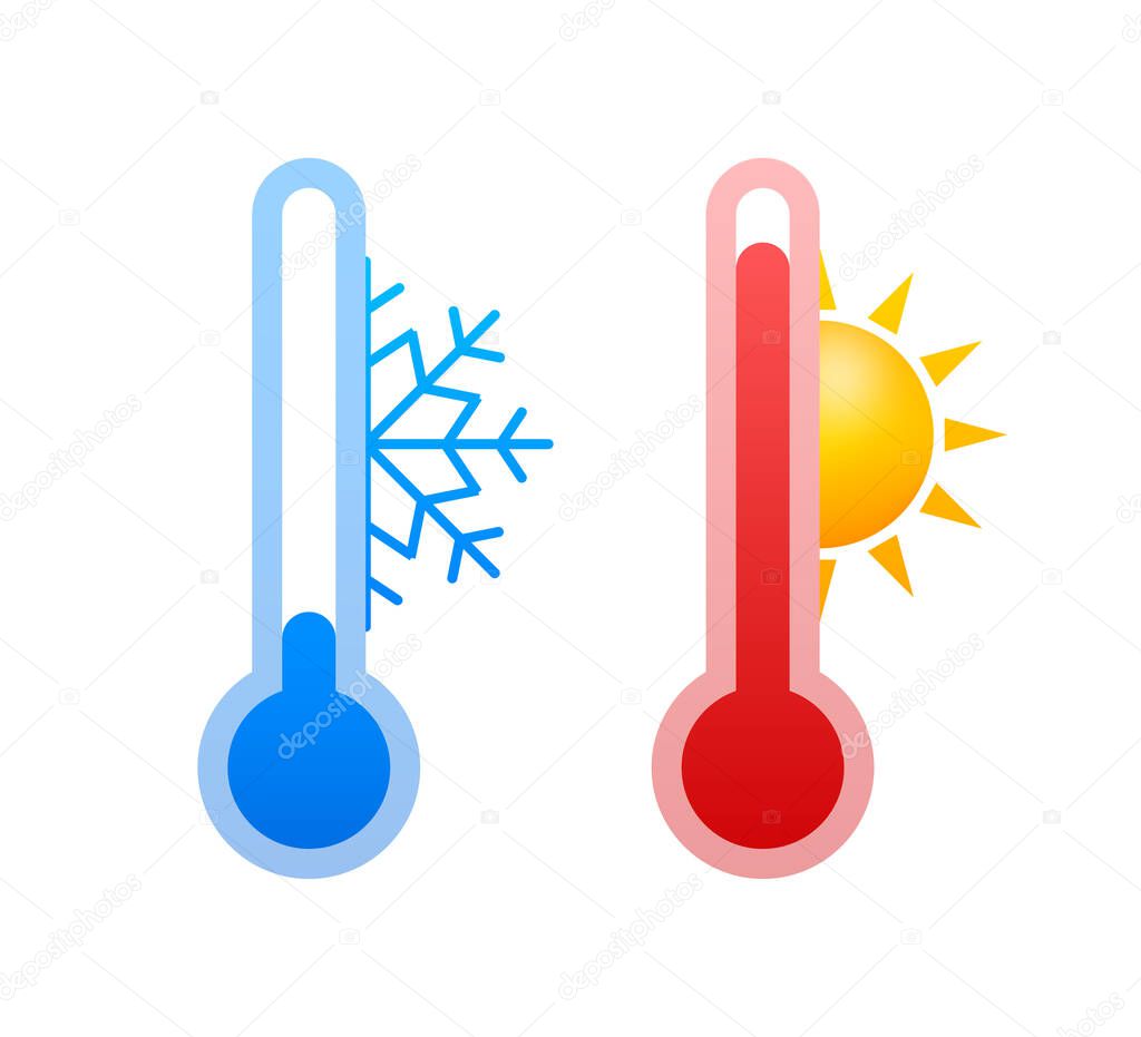 Modern thermometer, Summer background. Thermometer in cartoon style. Thermostat. Vector stock illustration