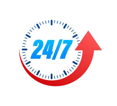 7 / 24 hizmet kavramı. 7 / 24 açık. Servis simgesini destekle. Vektör stok illüstrasyonu.