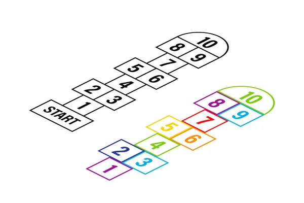 Set van kind hopscotch spel sjablonen. Voorraadillustratie van vectoren. — Stockvector