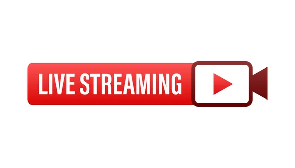 Live streaming flat logo - κόκκινο διανυσματικό στοιχείο σχεδιασμού με κουμπί play. Εικονογράφηση διανύσματος — Διανυσματικό Αρχείο