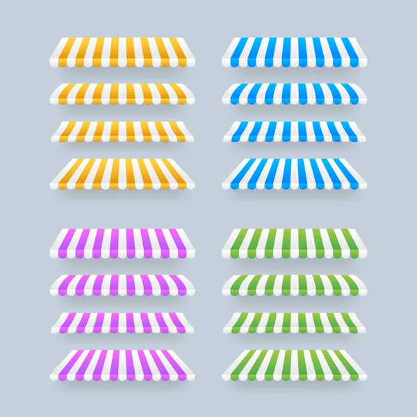Conjunto de toldos a rayas de colores para tienda, restaurantes y tienda de mercado sobre fondo transparente. Ilustración de stock vectorial. — Vector de stock