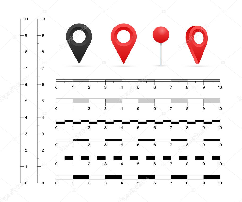 Map scales graphics for measuring distances. Vector stock illustration.