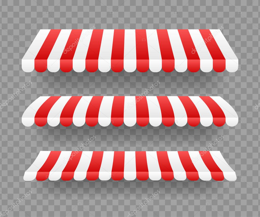Colored striped awnings set for shop, restaurants and market store on transparent background. Vector stock illustration.