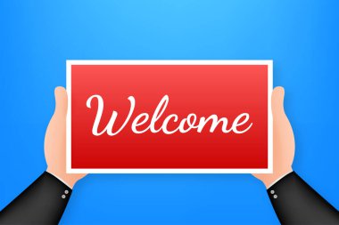 Pankart tasarımı için el ele tutuşma pankartı olan hoş geldin mesajında çizgi film posteri. Banner, Billboard tasarımı. Vektör stok illüstrasyonu.