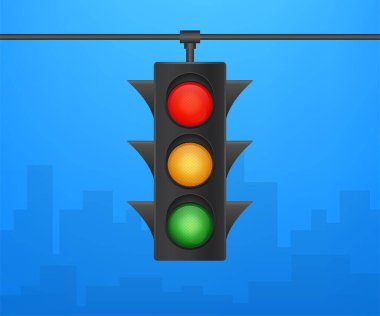 Mavi arka planda trafik ışıkları afişi. Vektör stok illüstrasyonu.
