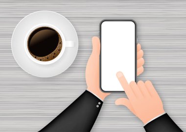 Elinde akıllı telefon var. Telefon ikonu. Dokunmatik ekran, telefon ekranı. Cep telefonu vektör simgesi. Düz grafik tasarım. Vektör stok illüstrasyonu.