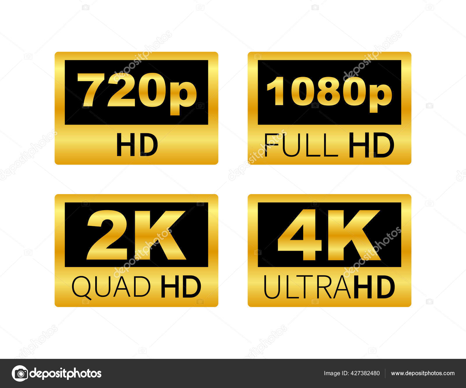 Video dimension labels. Video resolution 720, 1080, 2k, 4k, badges ...