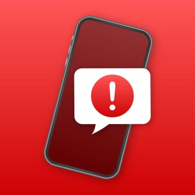 Hareketli mesaj bildirimini uyarın. Tehlike hatası uyarıları, akıllı telefon virüsü sorunu ya da güvensiz mesajlaşma sorunları bildirimleri. Vektör illüstrasyonu.