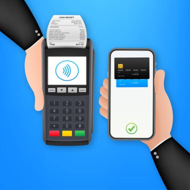 Temassız Ödeme Yöntemleri Mobil Akıllı Telefon ve Kablosuz POS Terminal Gerçekçi Tarzı. Vektör stok illüstrasyonu