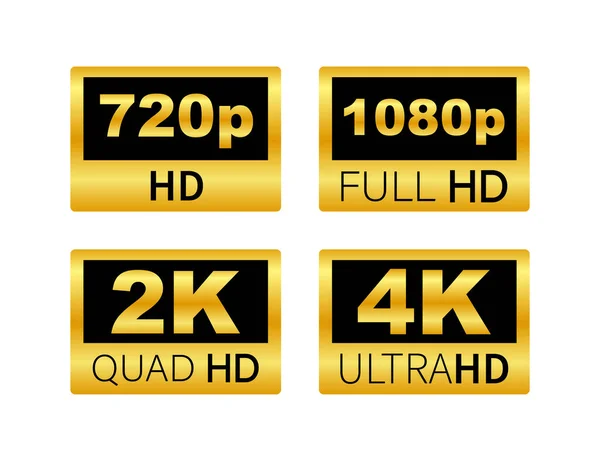 Videomaßetiketten. Videoauflösung 720, 1080, 2k, 4k, Abzeichen. Qualitäts-Design-Element. Vektoraktiendarstellung. — Stockvektor