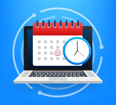 Takvim ve saat simgesi. Duvar takvimi. Önemli, program, randevu. Vektör stok illüstrasyonu.